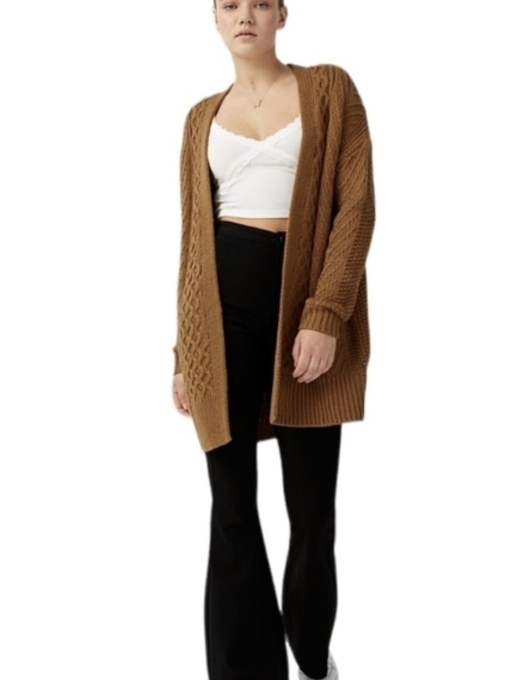 Simons braid knit textured knit camel brown open front long cardigan